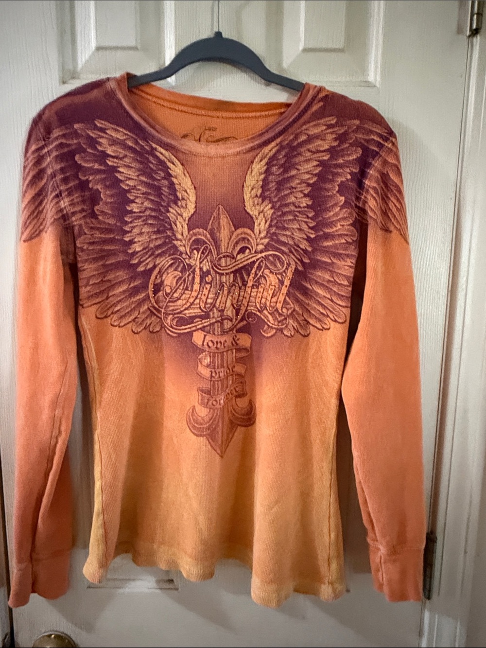 Sinful Orange to Burgundy Ombre Long Sleeve Tee with Wing Graphic